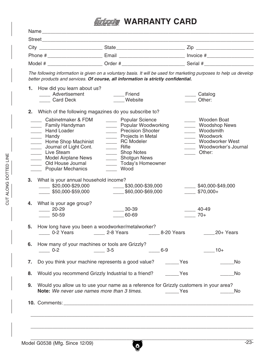 Warranty card | Grizzly G0538 User Manual | Page 25 / 28