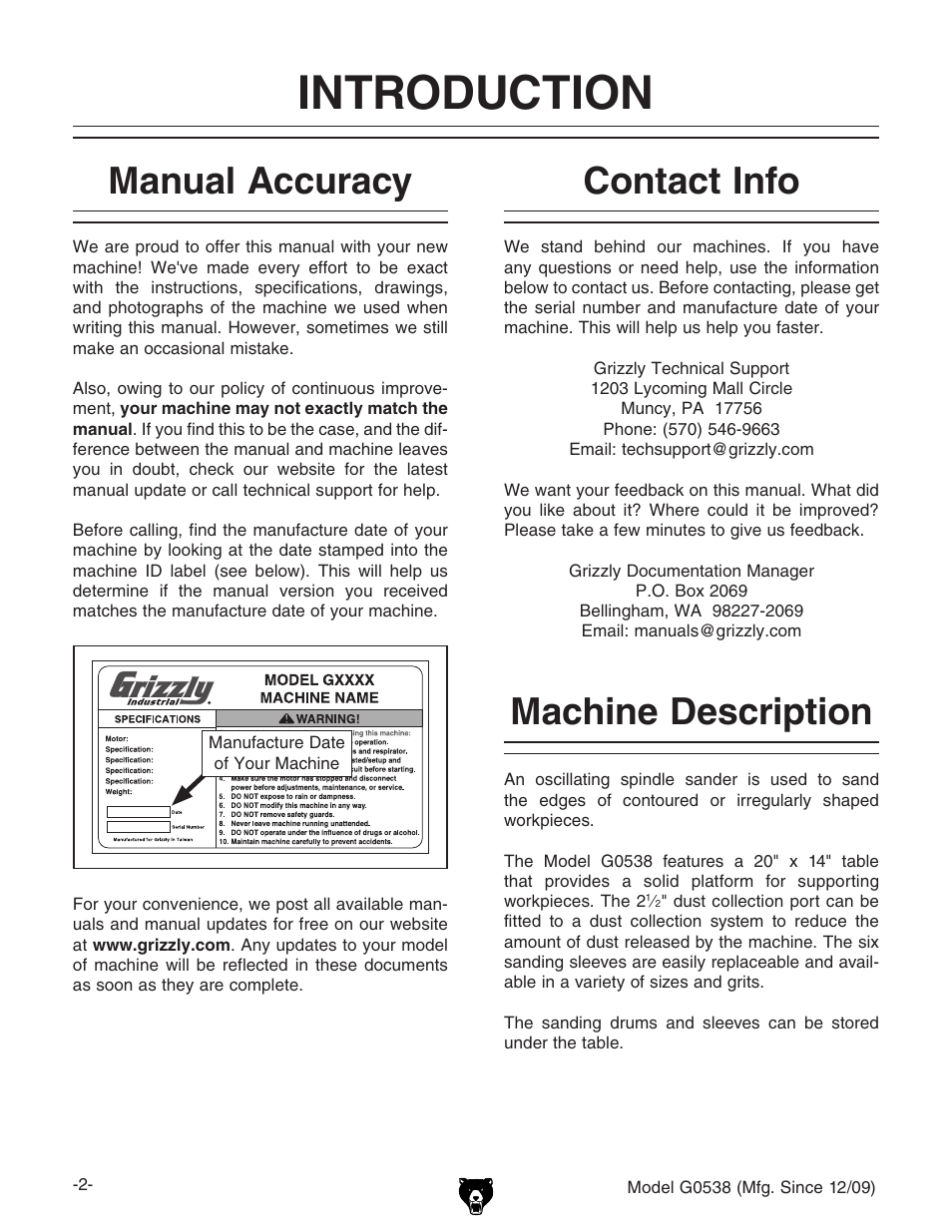 Introduction, Manual accuracy, Contact info | Machine description | Grizzly G0538 User Manual | Page 4 / 28