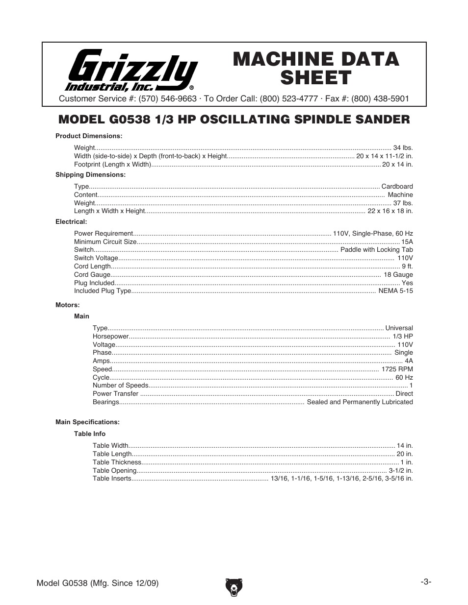 Machine data sheet | Grizzly G0538 User Manual | Page 5 / 28