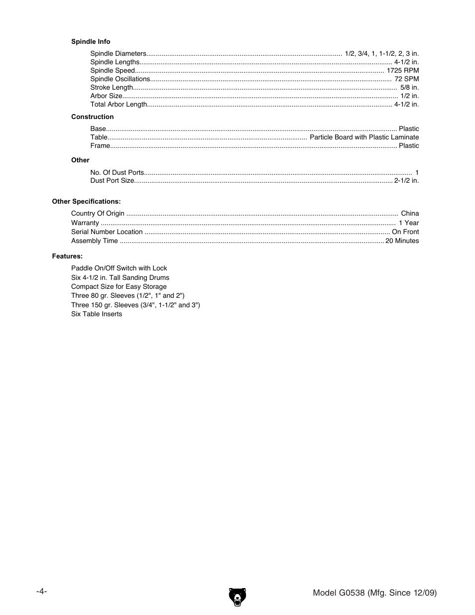 Machine data sheet | Grizzly G0538 User Manual | Page 6 / 28