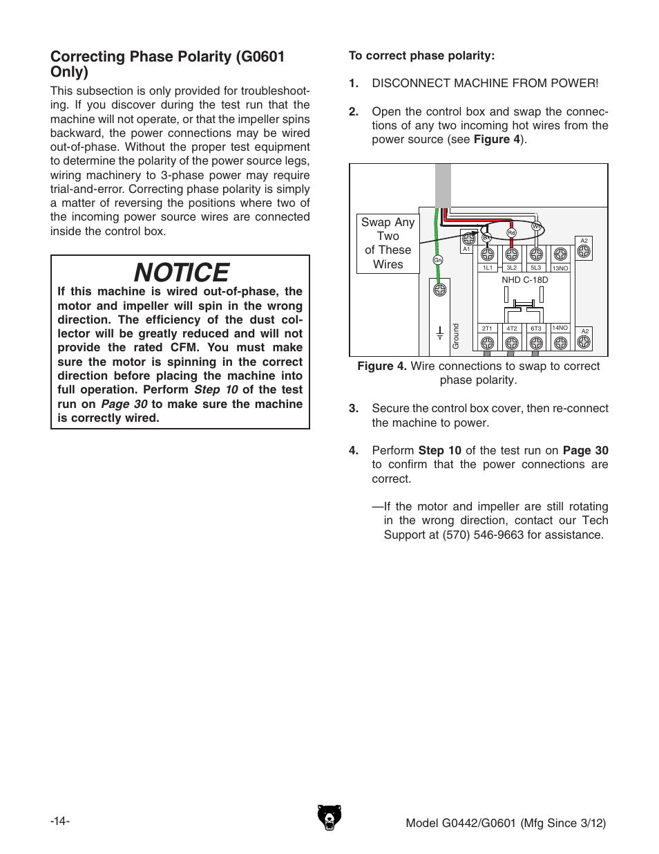 Notice, Correcting phase polarity (g0601 only) | Grizzly G0442 User Manual | Page 16 / 60