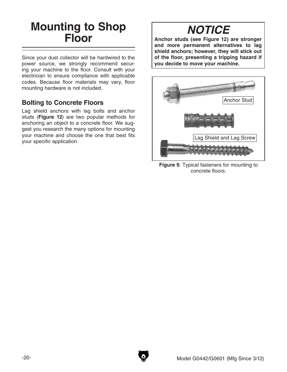 Mounting to shop floor, Notice | Grizzly G0442 User Manual | Page 22 / 60