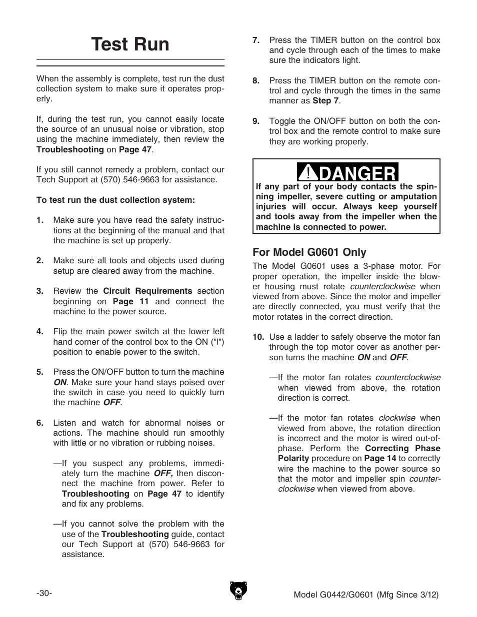 Test run, For model g0601 only | Grizzly G0442 User Manual | Page 32 / 60