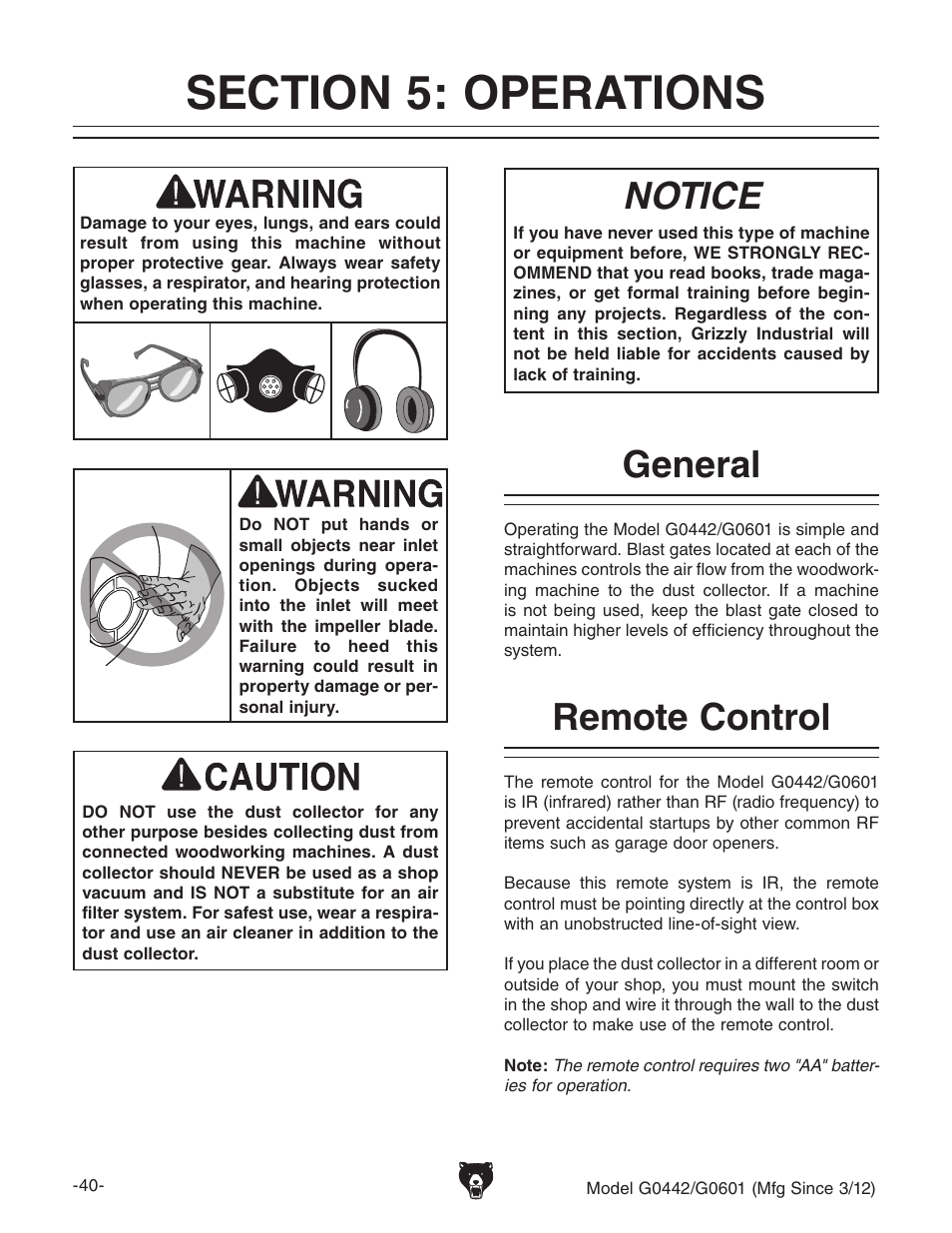 General, Remote control, Notice | Grizzly G0442 User Manual | Page 42 / 60