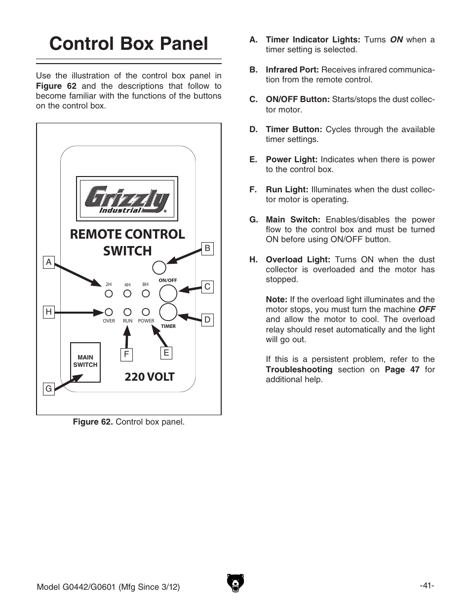 Control box panel, Remote control switch, 220 volt | Grizzly G0442 User Manual | Page 43 / 60