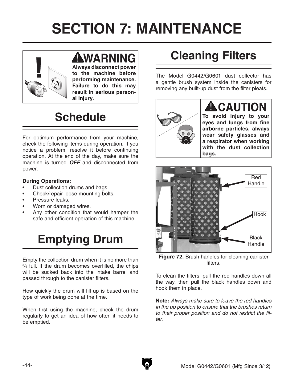 Schedule, Emptying drum, Cleaning filters | Grizzly G0442 User Manual | Page 46 / 60