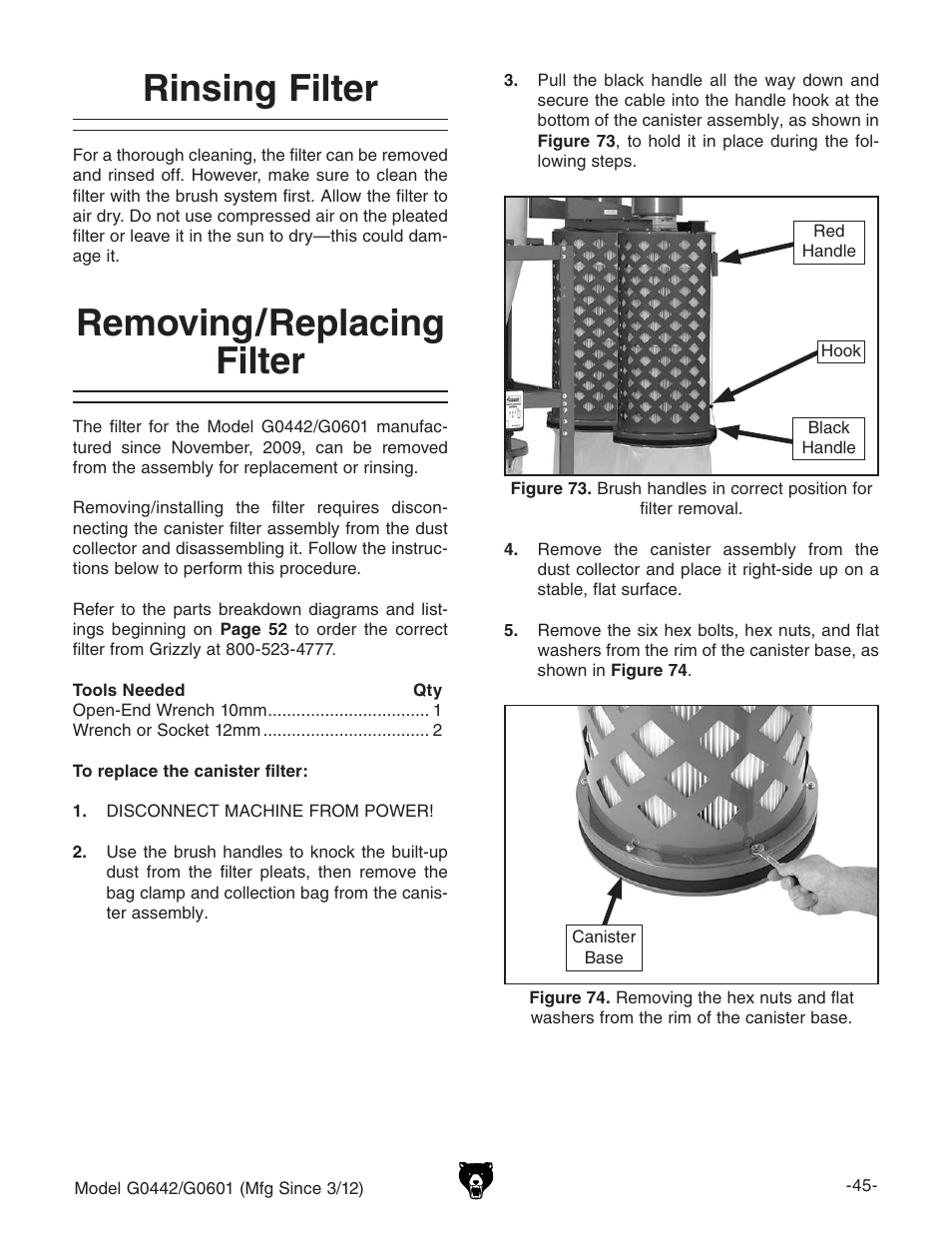 Rinsing filter, Removing/replacing filter | Grizzly G0442 User Manual | Page 47 / 60