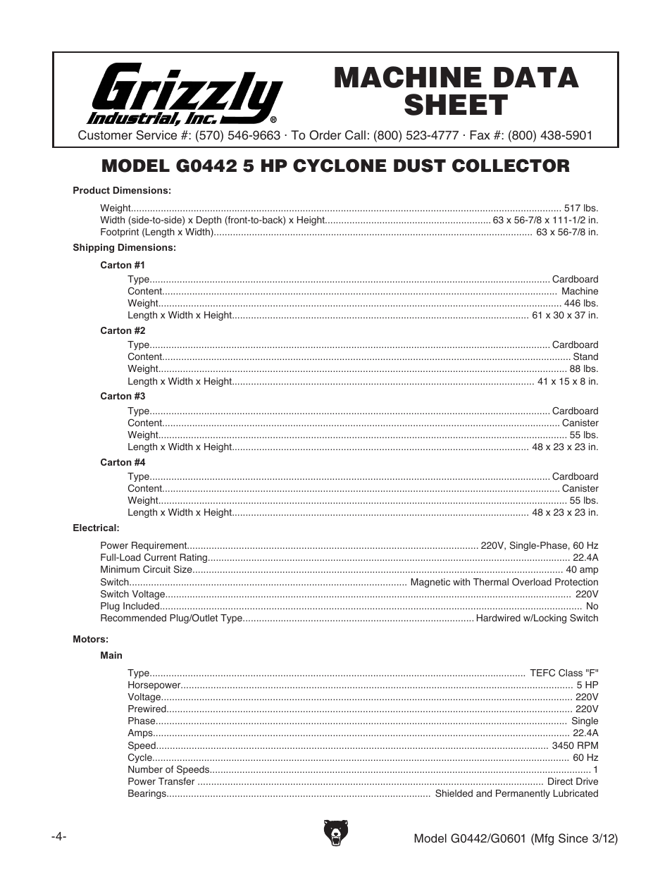 Machine data sheet, G0442 machine data sheet | Grizzly G0442 User Manual | Page 6 / 60