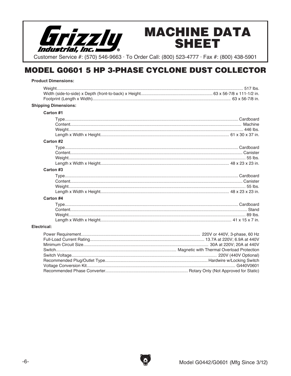 Machine data sheet, G0601 machine data sheet | Grizzly G0442 User Manual | Page 8 / 60