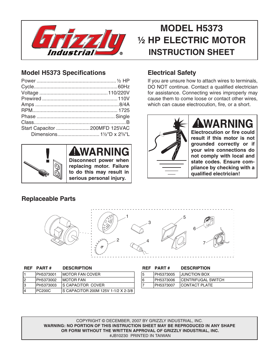 Grizzly H5373 User Manual | 2 pages