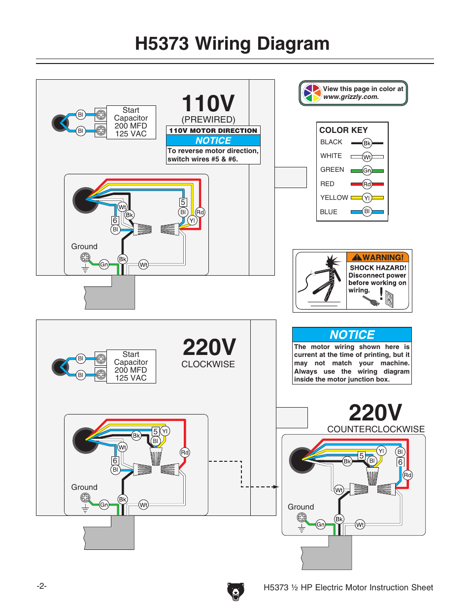 H5373 wiring diagram | Grizzly H5373 User Manual | Page 2 / 2