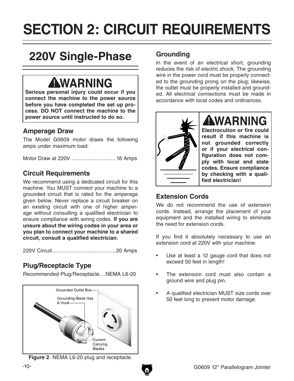 220v single-phase | Grizzly 12" Parallelogram Jointer G0609 User Manual | Page 13 / 61