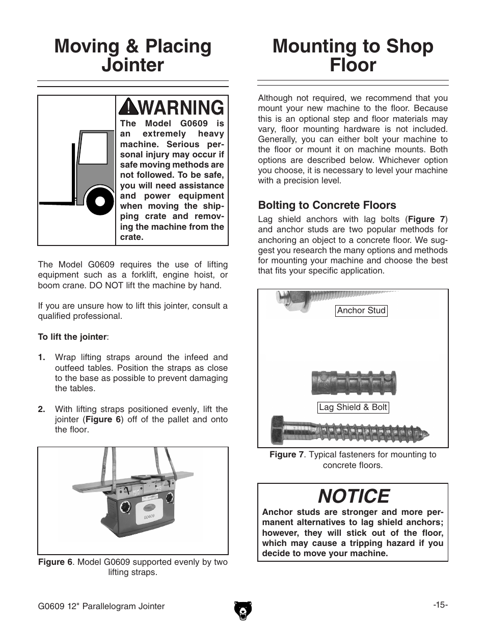 Moving & placing jointer, Mounting to shop floor notice | Grizzly 12" Parallelogram Jointer G0609 User Manual | Page 18 / 61