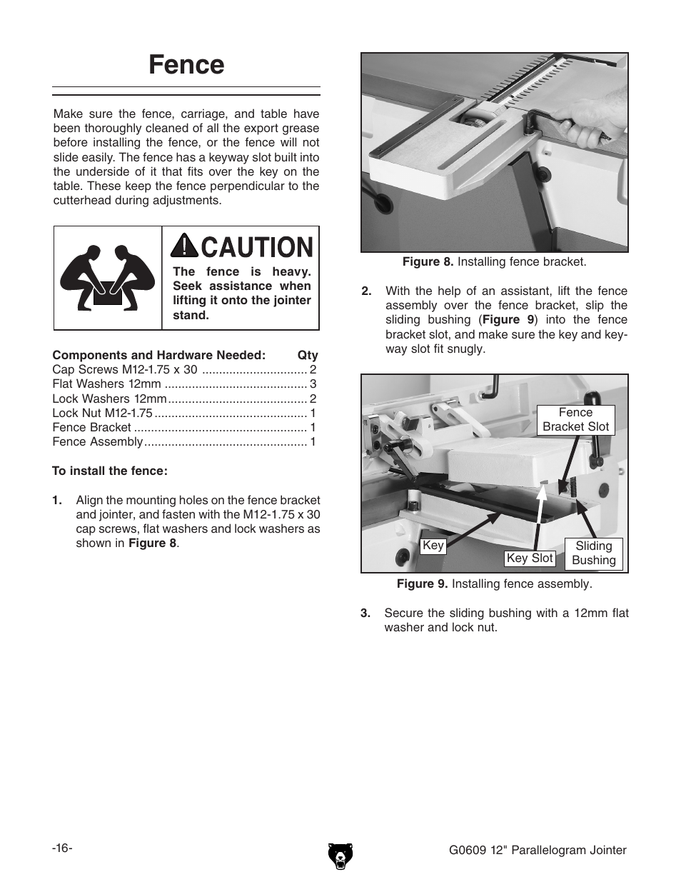 Fence | Grizzly 12" Parallelogram Jointer G0609 User Manual | Page 19 / 61