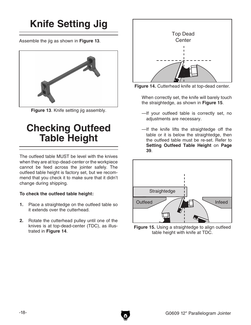 Knife setting jig, Checking outfeed table height | Grizzly 12" Parallelogram Jointer G0609 User Manual | Page 21 / 61