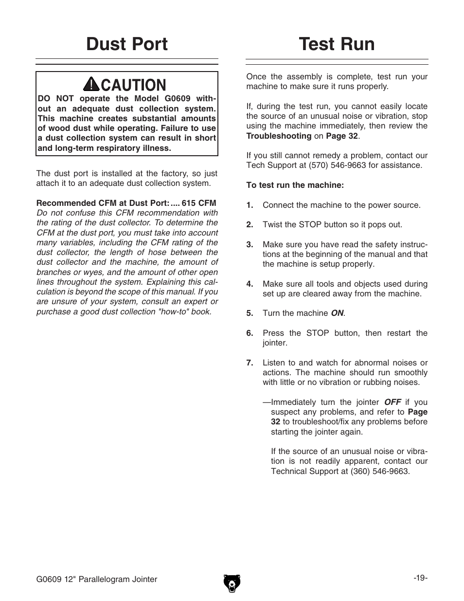 Dust port, Test run | Grizzly 12" Parallelogram Jointer G0609 User Manual | Page 22 / 61