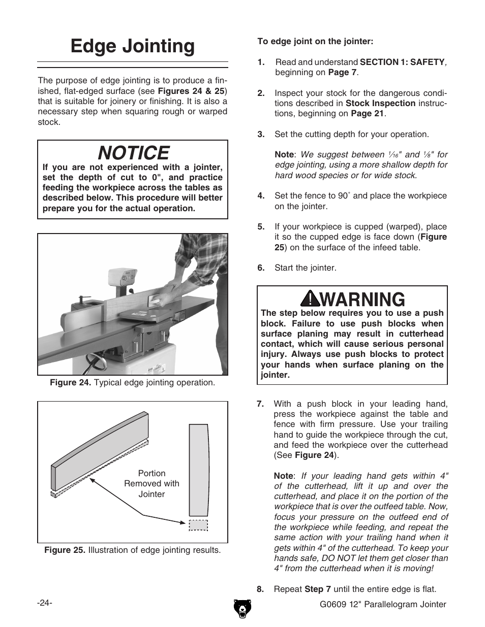 Notice, Edge jointing | Grizzly 12" Parallelogram Jointer G0609 User Manual | Page 27 / 61