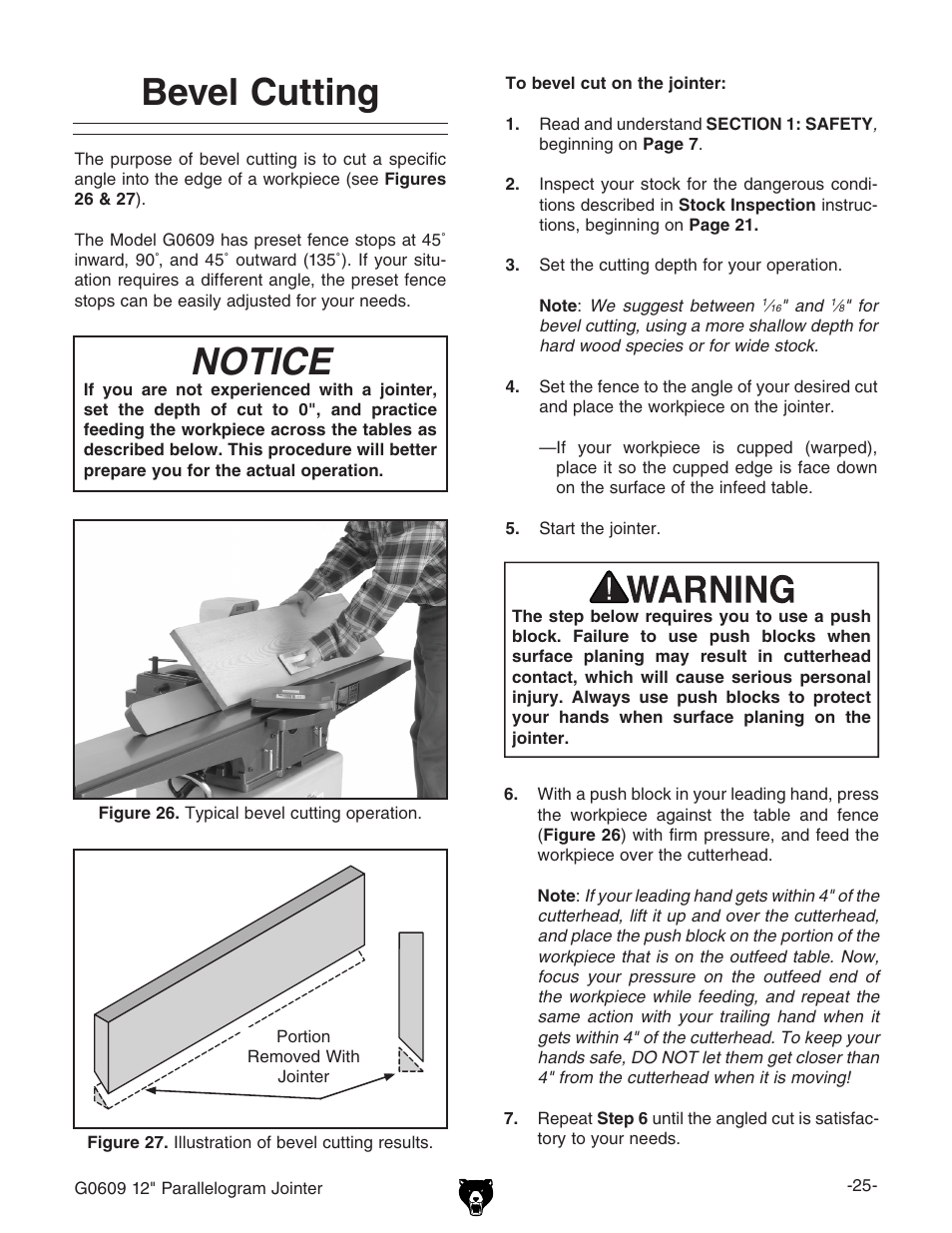 Notice, Bevel cutting | Grizzly 12" Parallelogram Jointer G0609 User Manual | Page 28 / 61