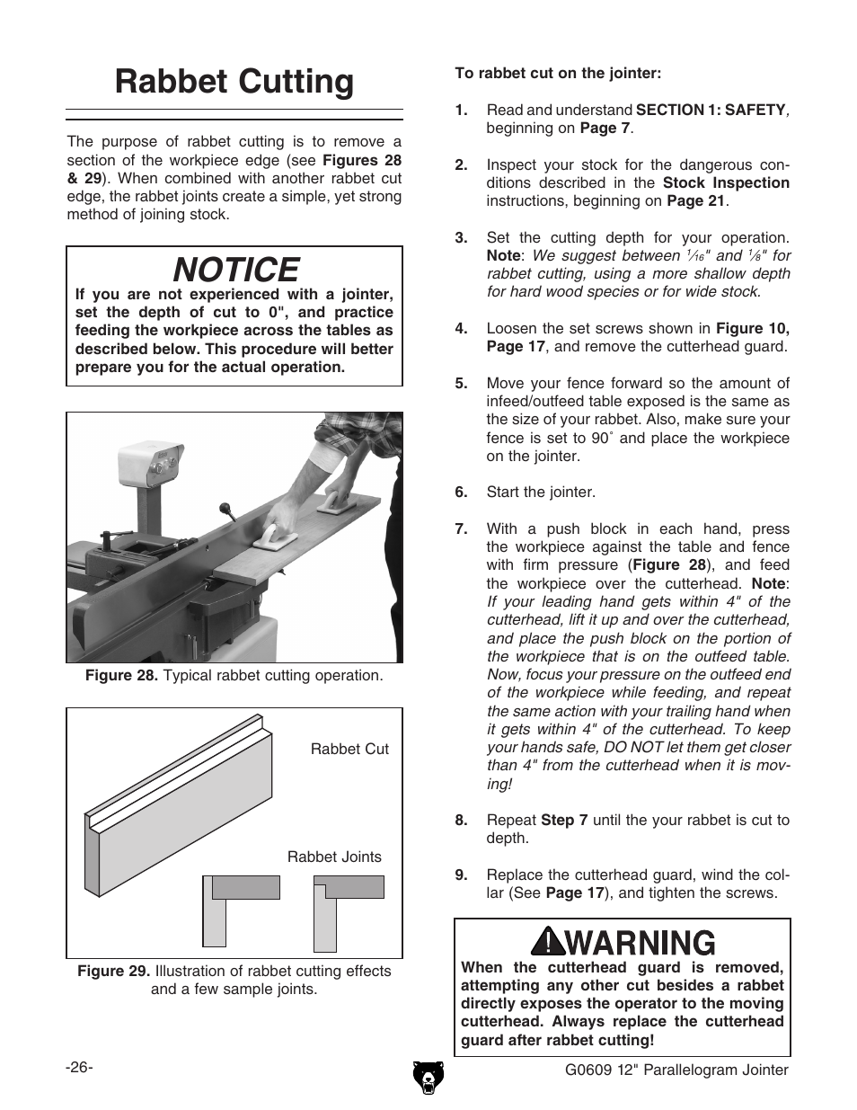 Notice, Rabbet cutting | Grizzly 12" Parallelogram Jointer G0609 User Manual | Page 29 / 61
