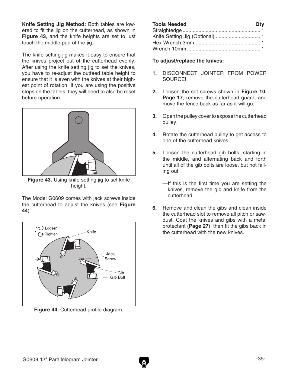 Grizzly 12" Parallelogram Jointer G0609 User Manual | Page 38 / 61