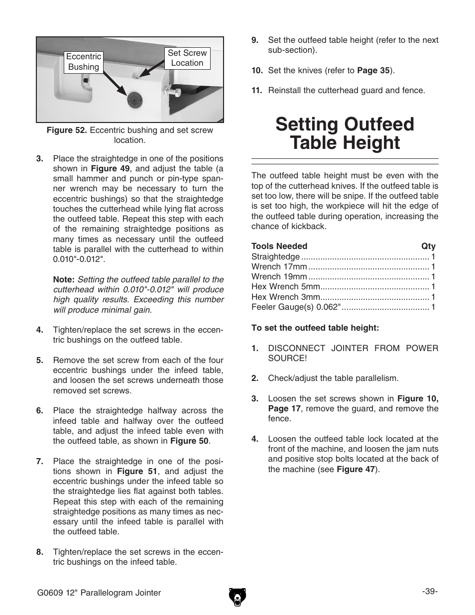 Setting outfeed table height | Grizzly 12" Parallelogram Jointer G0609 User Manual | Page 42 / 61