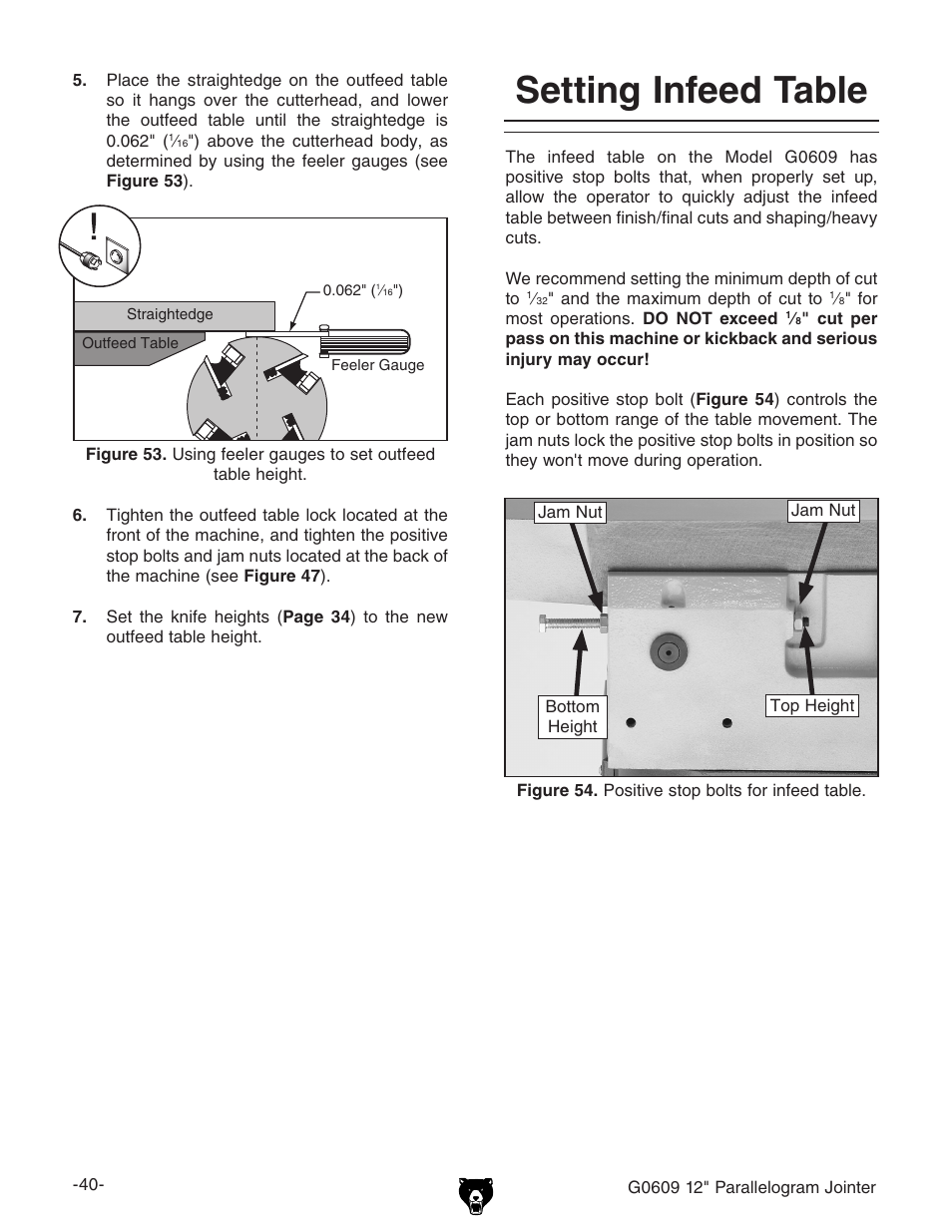 Setting infeed table | Grizzly 12" Parallelogram Jointer G0609 User Manual | Page 43 / 61
