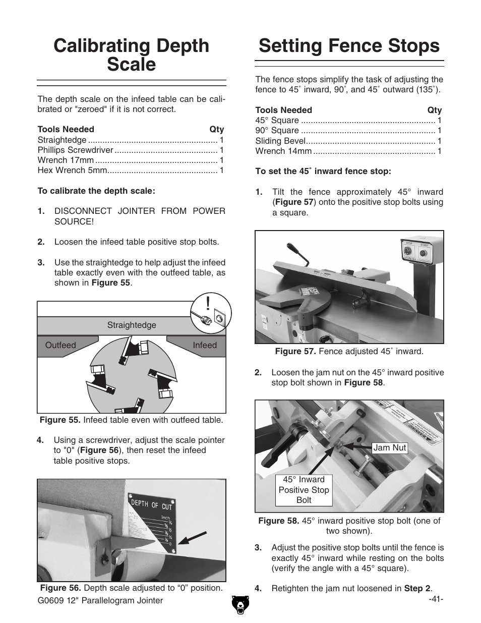 Setting fence stops, Calibrating depth scale | Grizzly 12" Parallelogram Jointer G0609 User Manual | Page 44 / 61