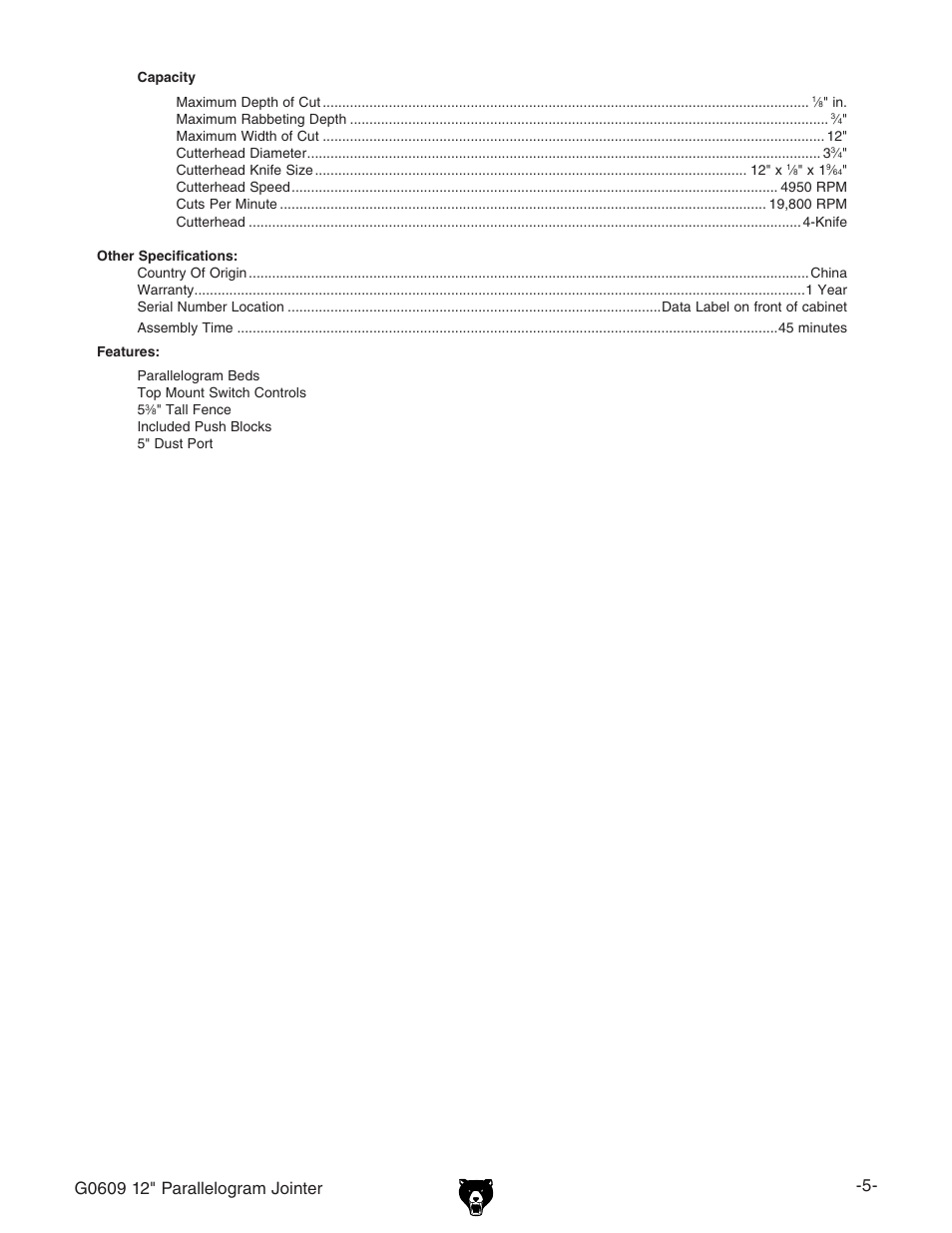 Grizzly 12" Parallelogram Jointer G0609 User Manual | Page 8 / 61