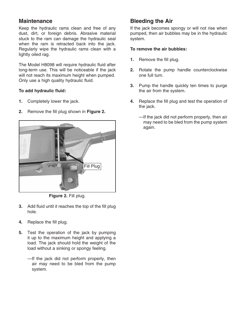 Maintenance, Bleeding the air | Grizzly H8098 User Manual | Page 2 / 4