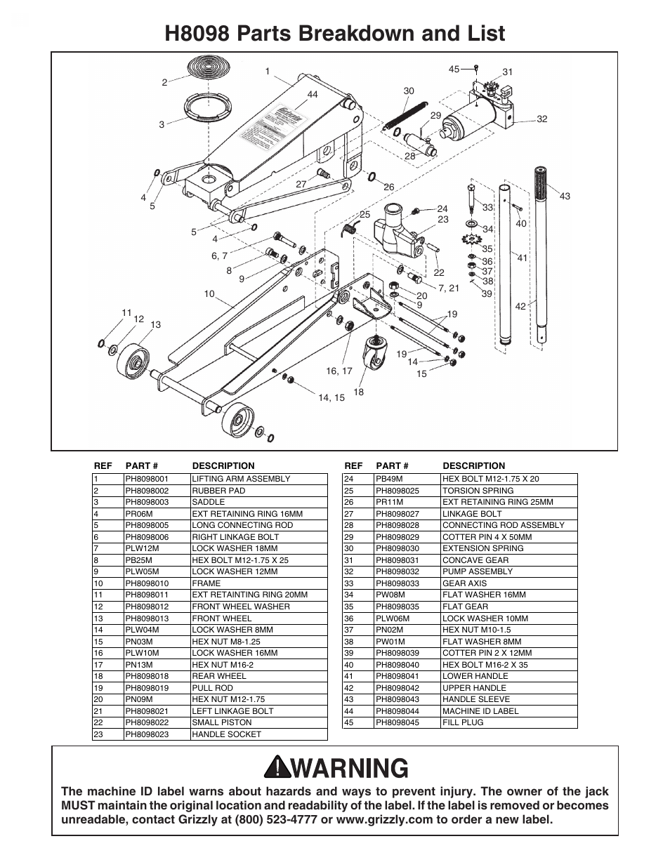 H8098 parts breakdown and list | Grizzly H8098 User Manual | Page 3 / 4