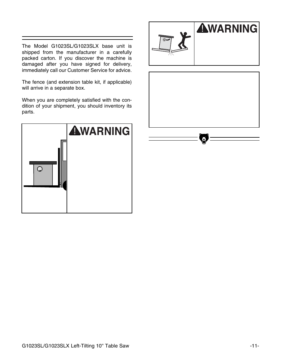 Unpacking, Notice | Grizzly G1023SL User Manual | Page 13 / 50
