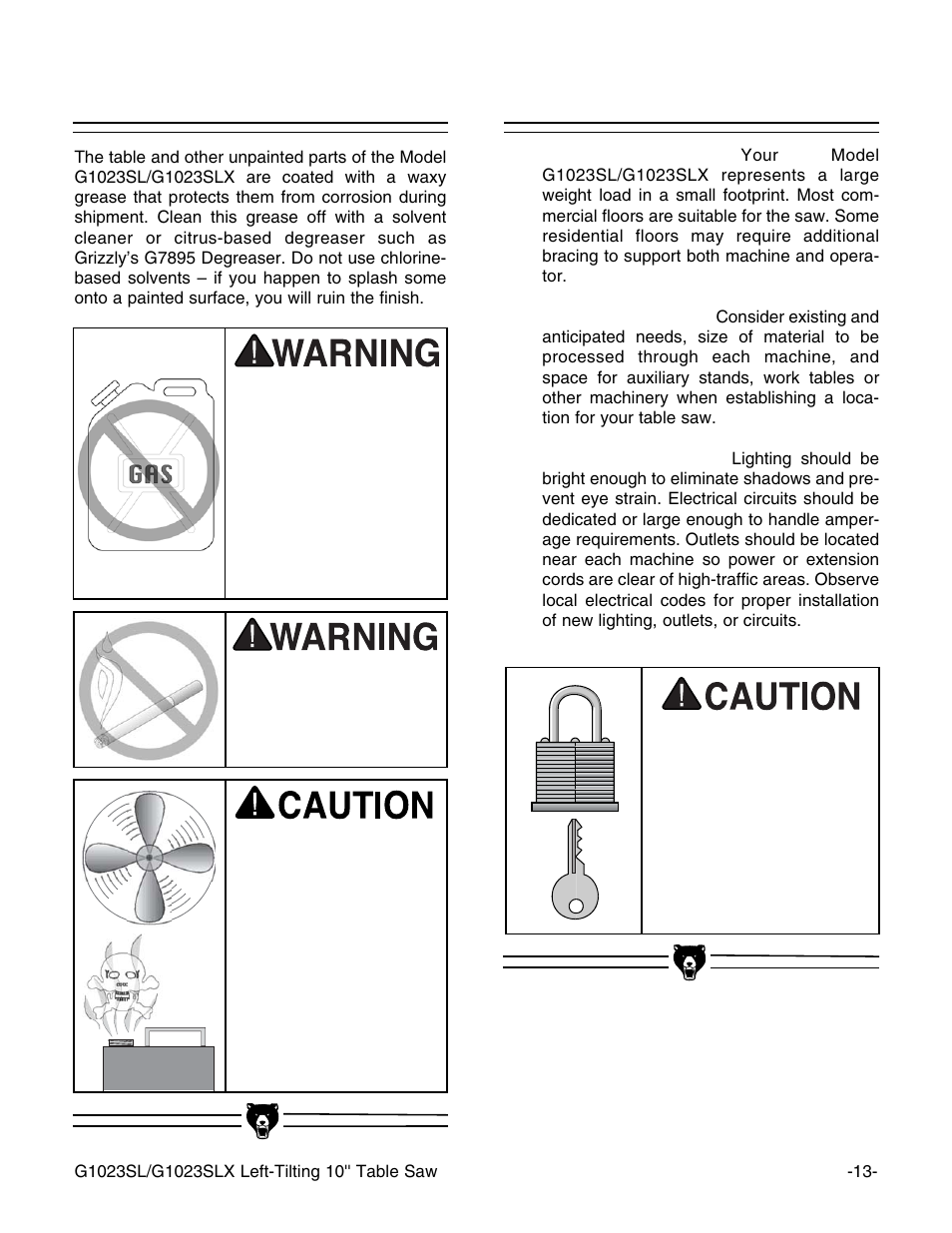 Clean up, Site considerations | Grizzly G1023SL User Manual | Page 15 / 50