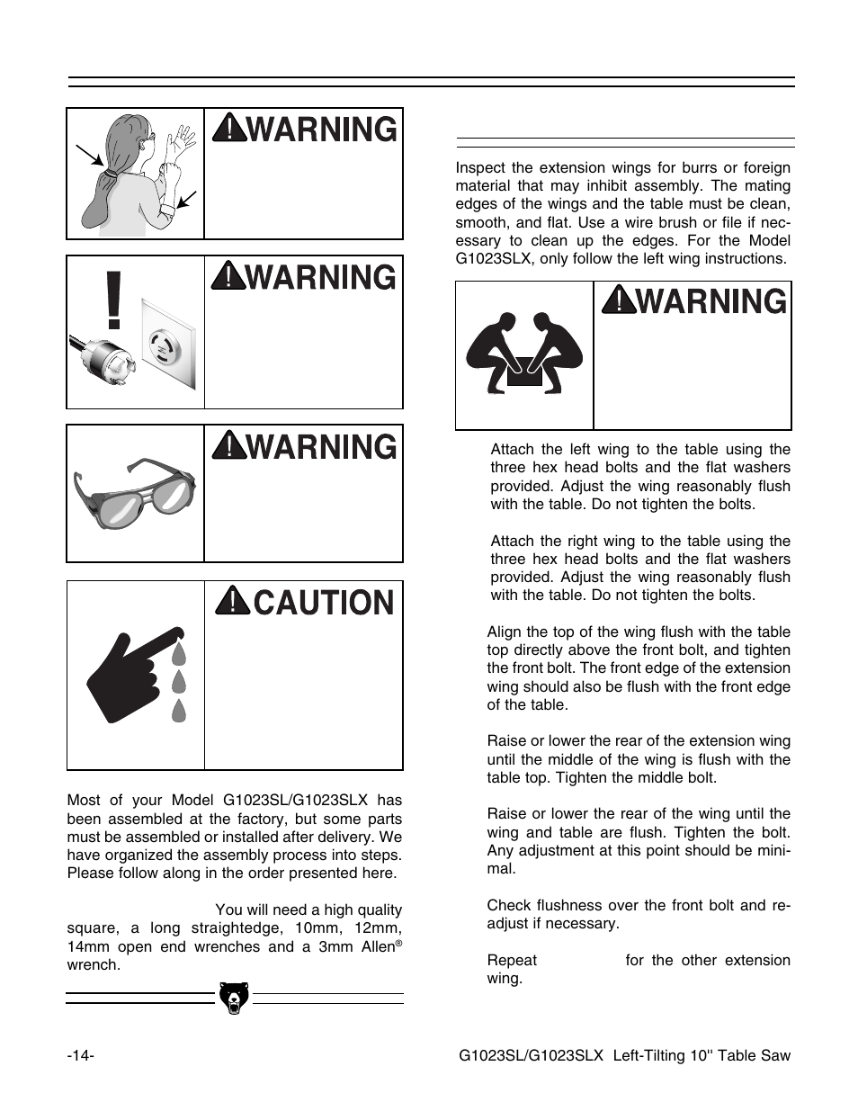 Extension wings | Grizzly G1023SL User Manual | Page 16 / 50