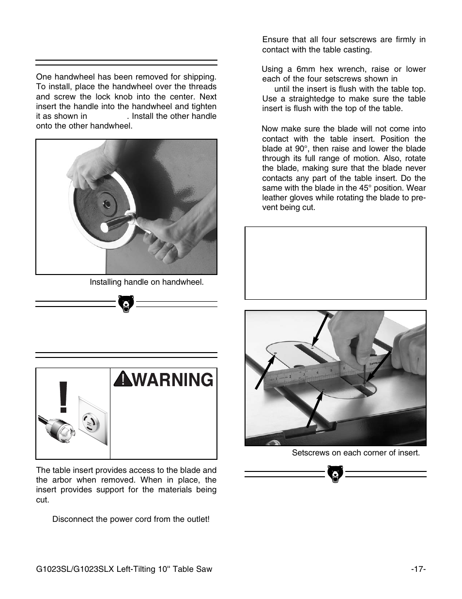 Table insert handwheel, Notice | Grizzly G1023SL User Manual | Page 19 / 50