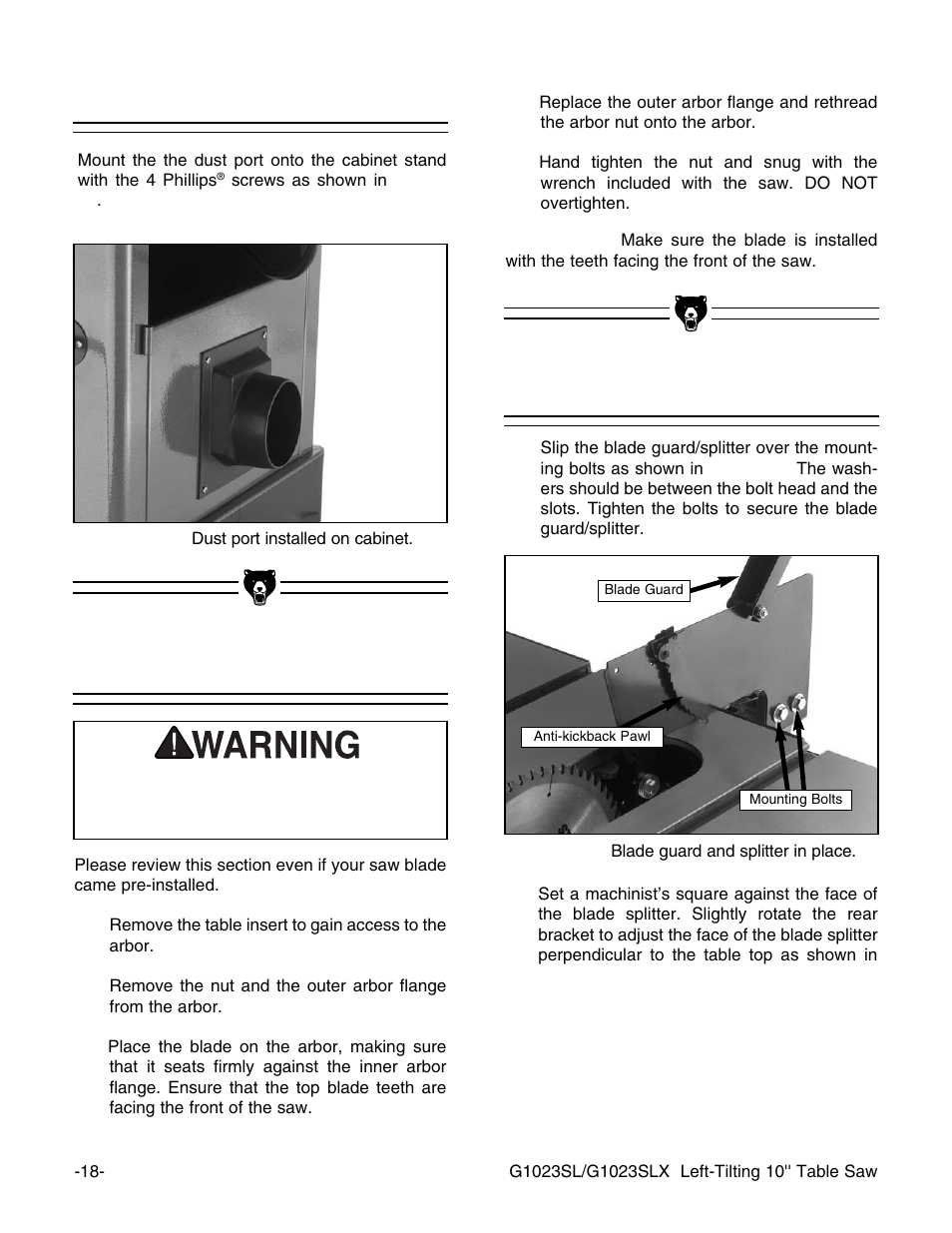 Blade guard/splitter, Saw blade dust port | Grizzly G1023SL User Manual | Page 20 / 50