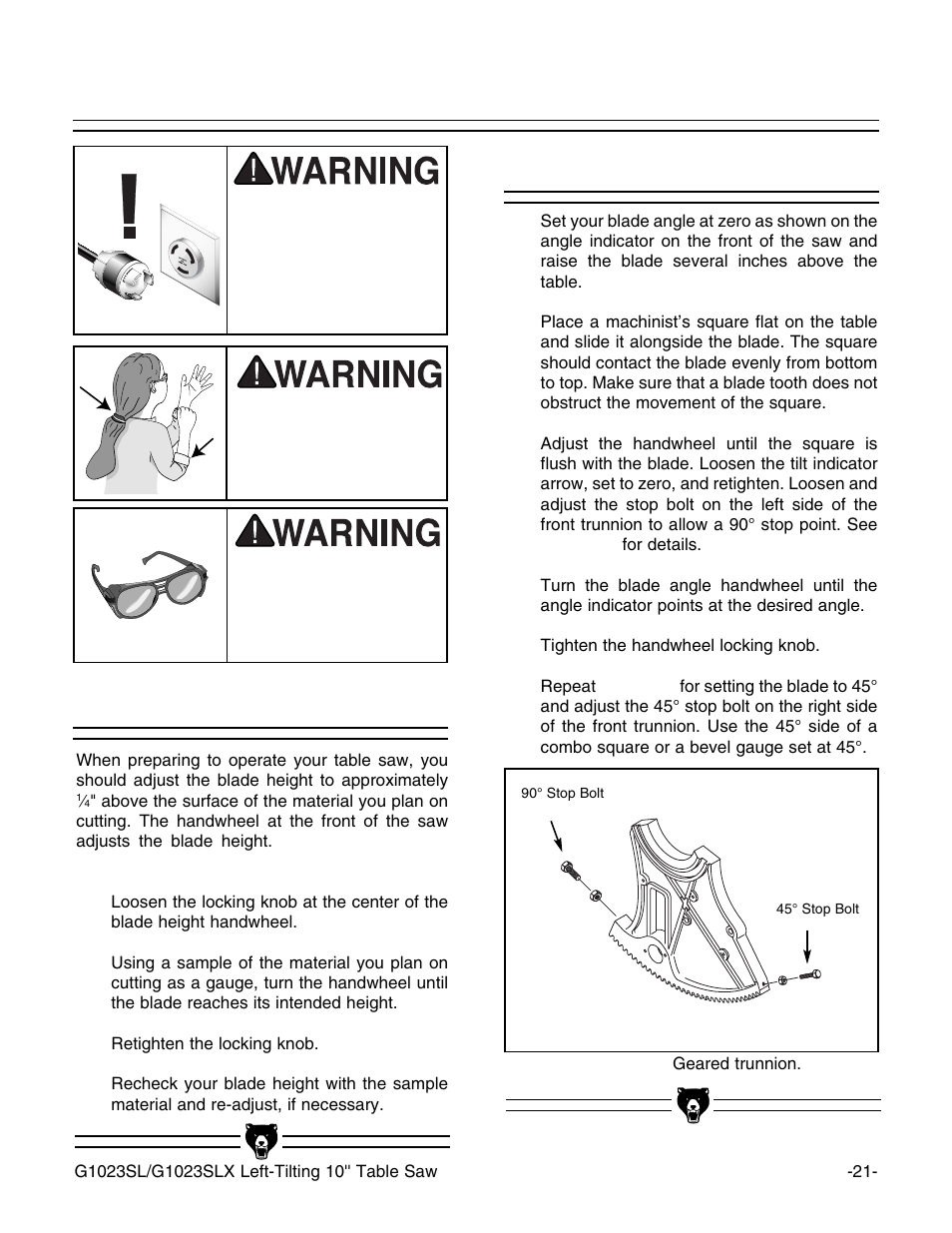 Blade height blade tilt | Grizzly G1023SL User Manual | Page 23 / 50