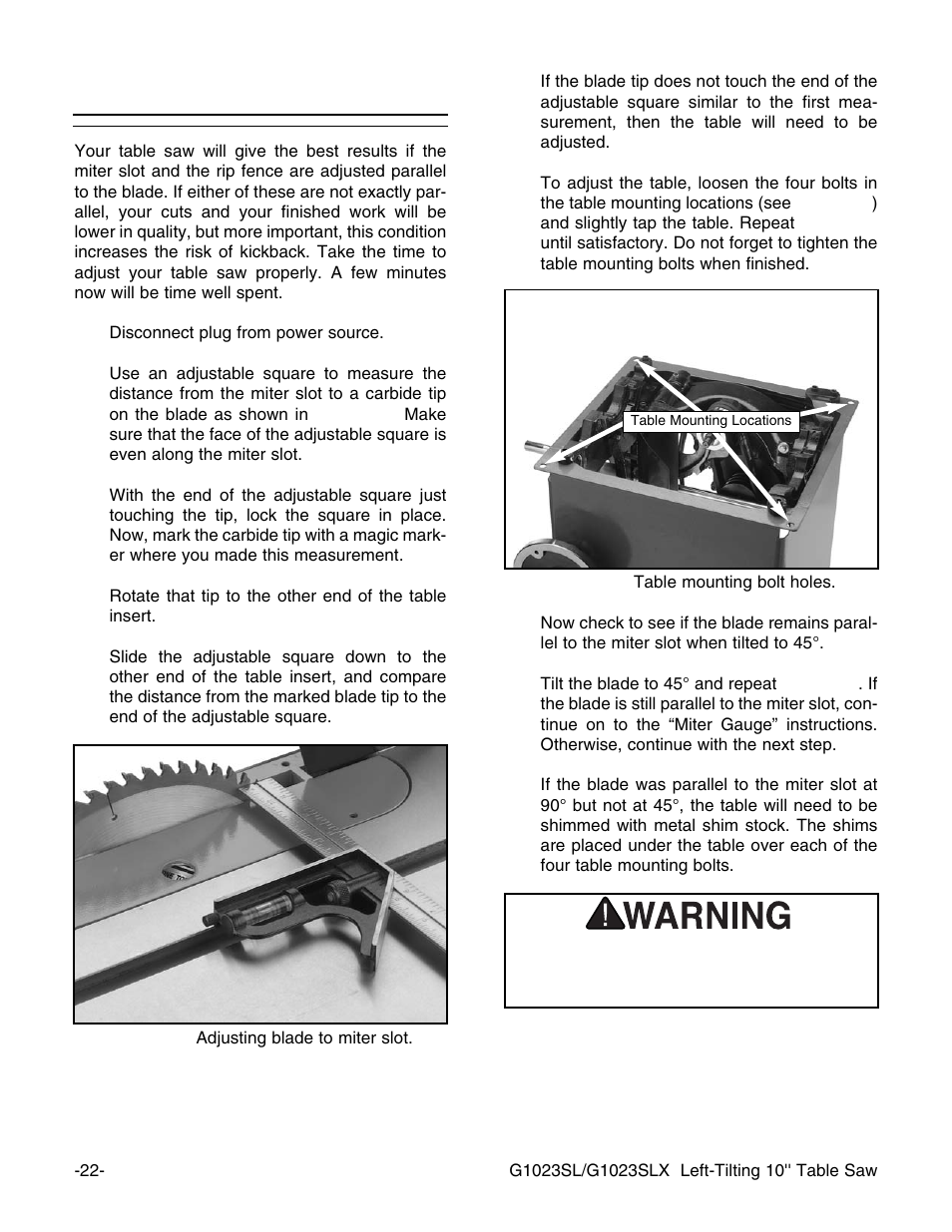 Miter slot to blade | Grizzly G1023SL User Manual | Page 24 / 50