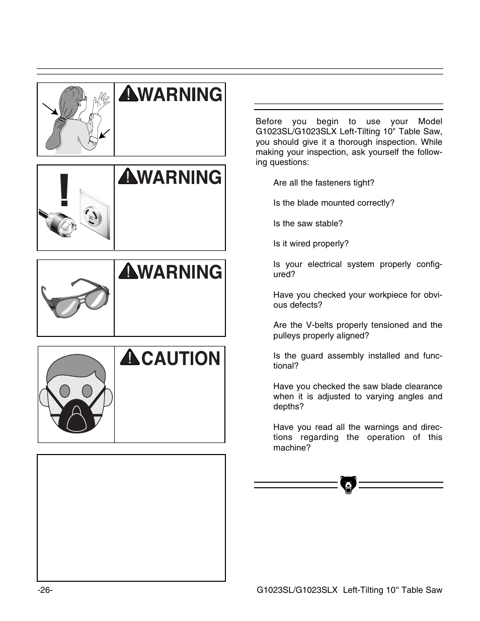 Pre-run check, Notice | Grizzly G1023SL User Manual | Page 28 / 50