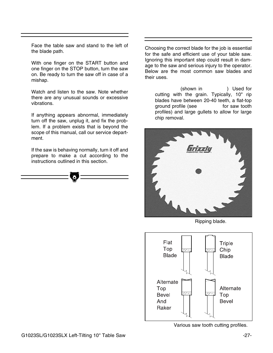 Blade selection, Test run | Grizzly G1023SL User Manual | Page 29 / 50