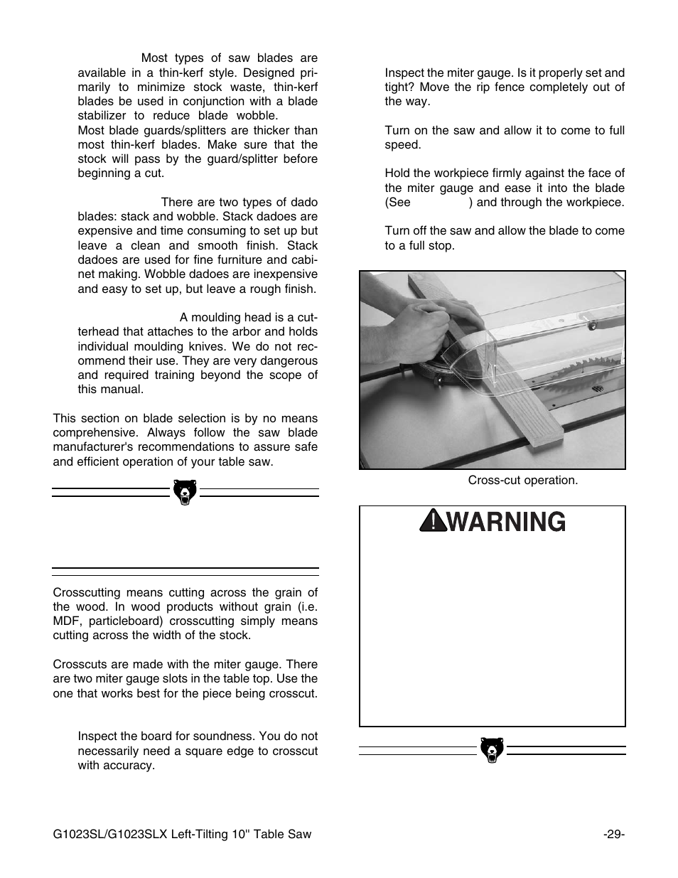 Crosscutting | Grizzly G1023SL User Manual | Page 31 / 50