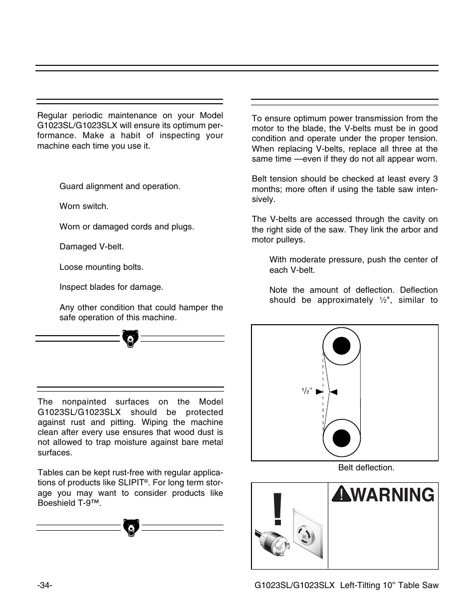 V-belt, Tables, General | Grizzly G1023SL User Manual | Page 36 / 50