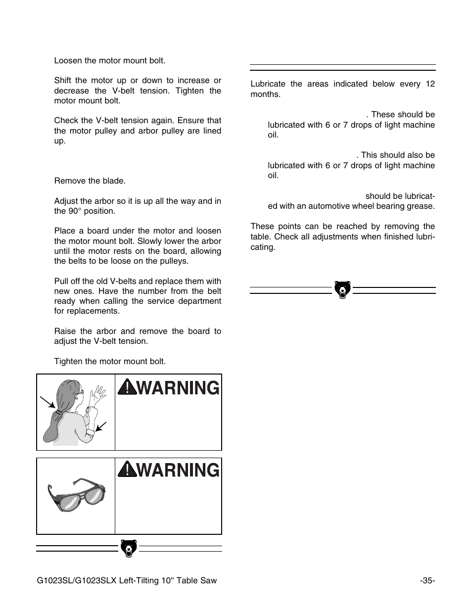 Lubrication | Grizzly G1023SL User Manual | Page 37 / 50