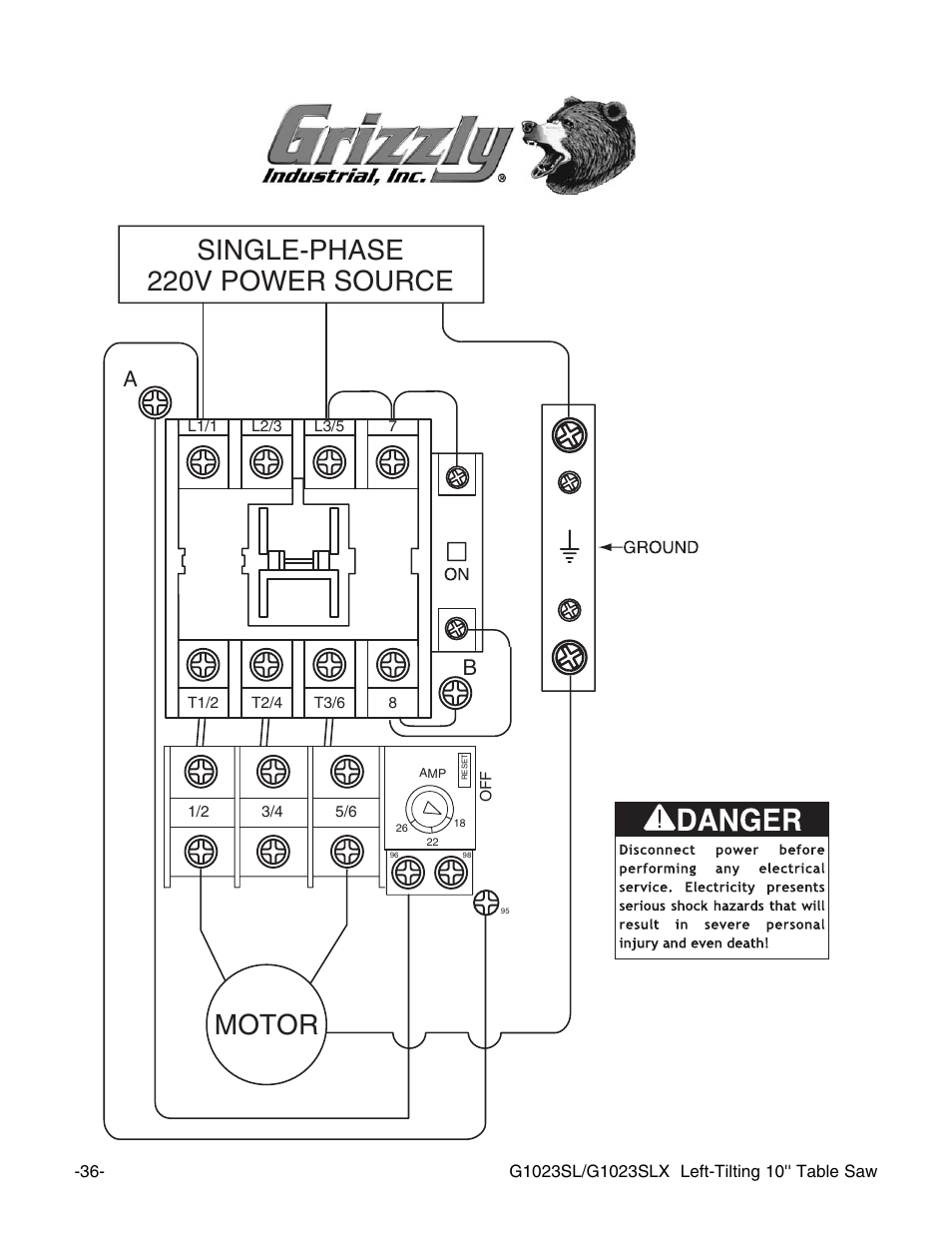 3 hp magnetic switch sdn type, Single-phase 220v power source motor | Grizzly G1023SL User Manual | Page 38 / 50