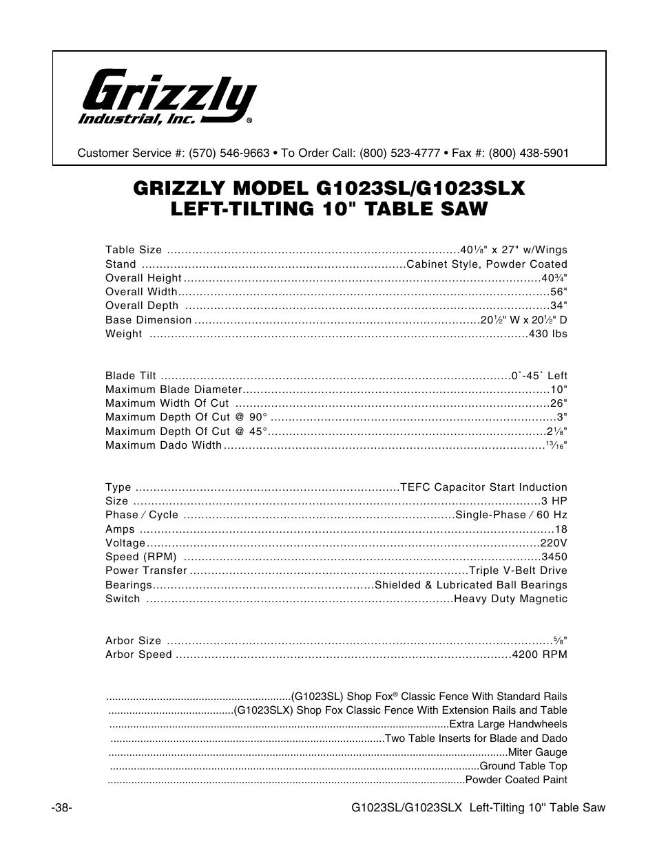 Machine data sheet | Grizzly G1023SL User Manual | Page 40 / 50