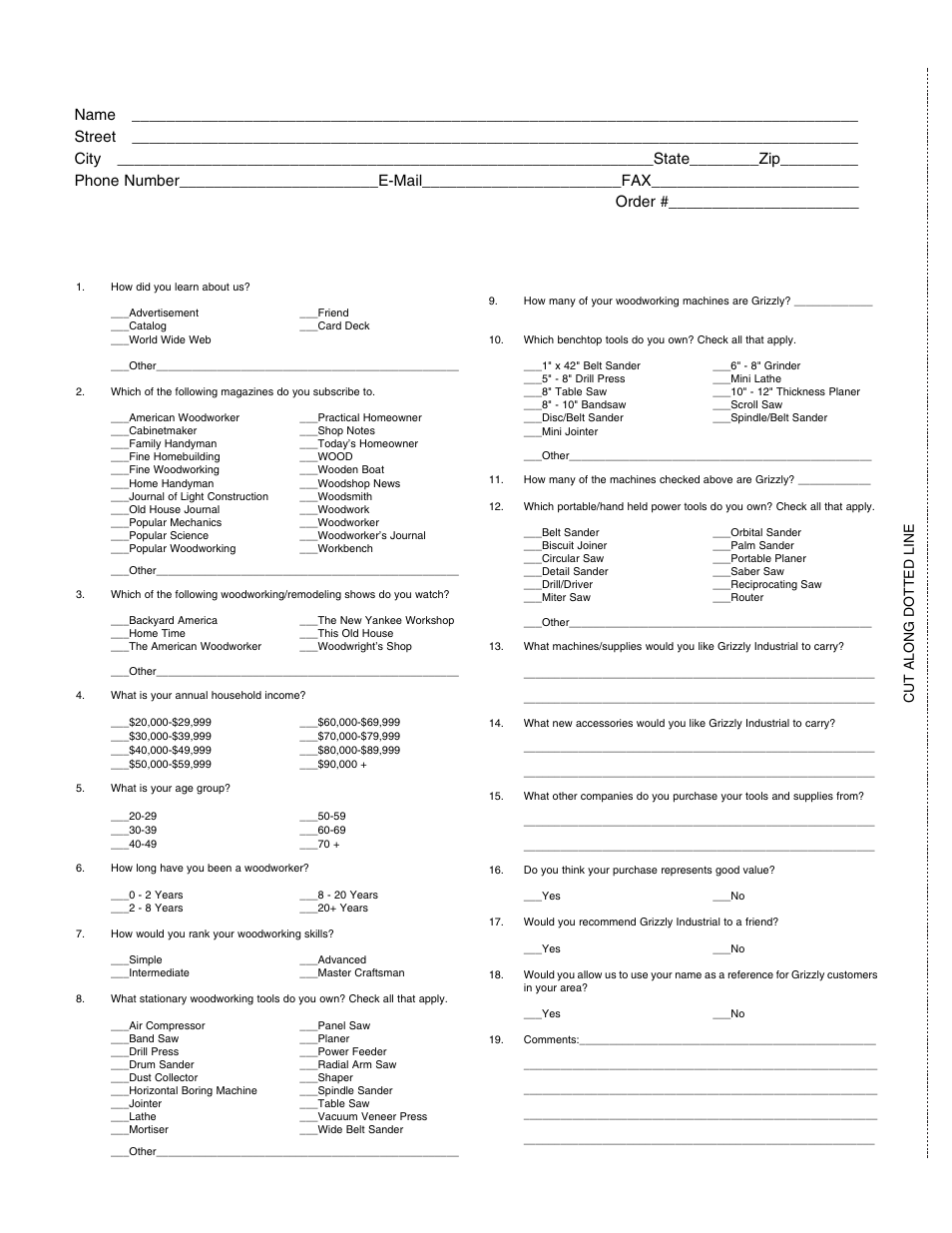 Warranty card, Cut along dotted line | Grizzly G1023SL User Manual | Page 49 / 50