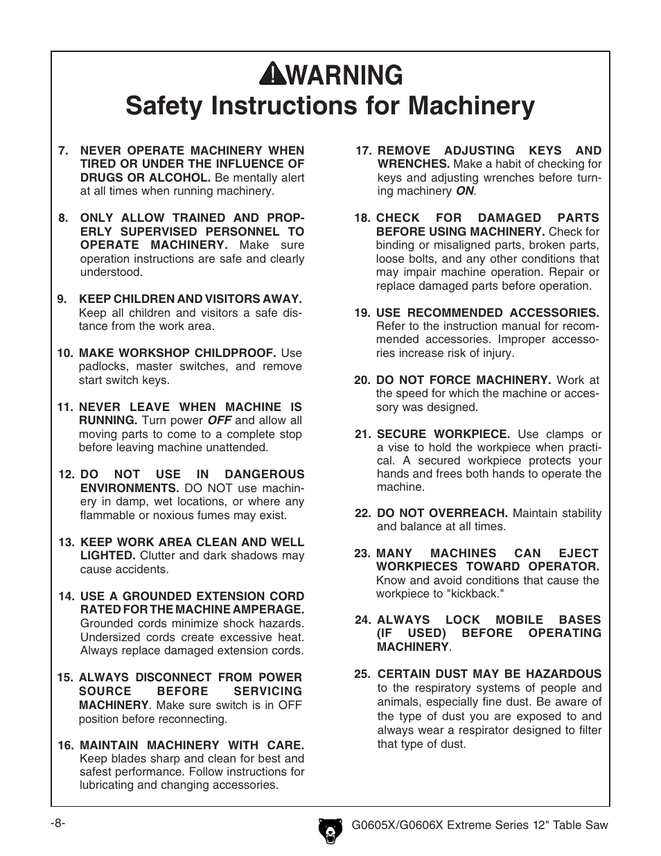 Safety instructions for machinery | Grizzly G0605X User Manual | Page 10 / 76