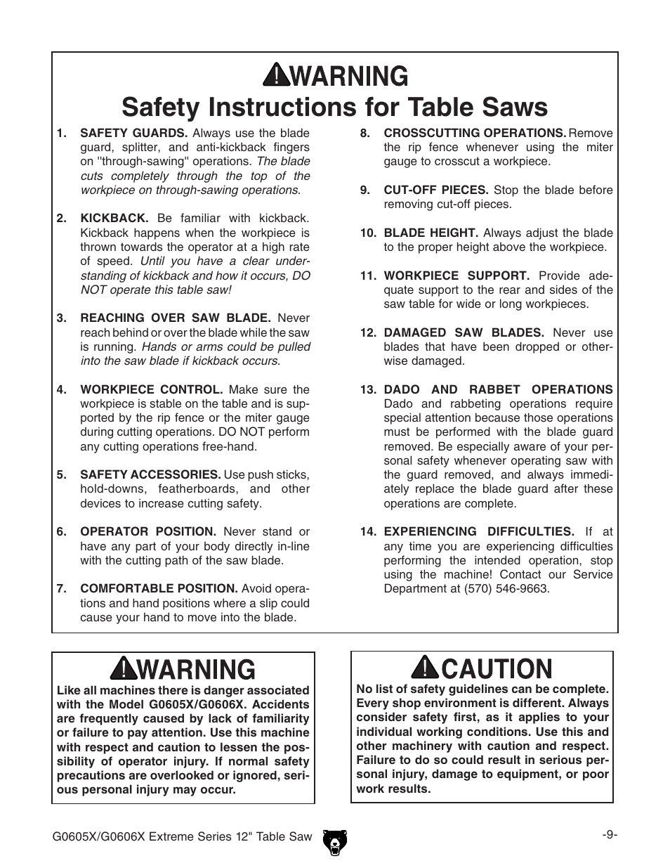 Safety instructions for table saws | Grizzly G0605X User Manual | Page 11 / 76