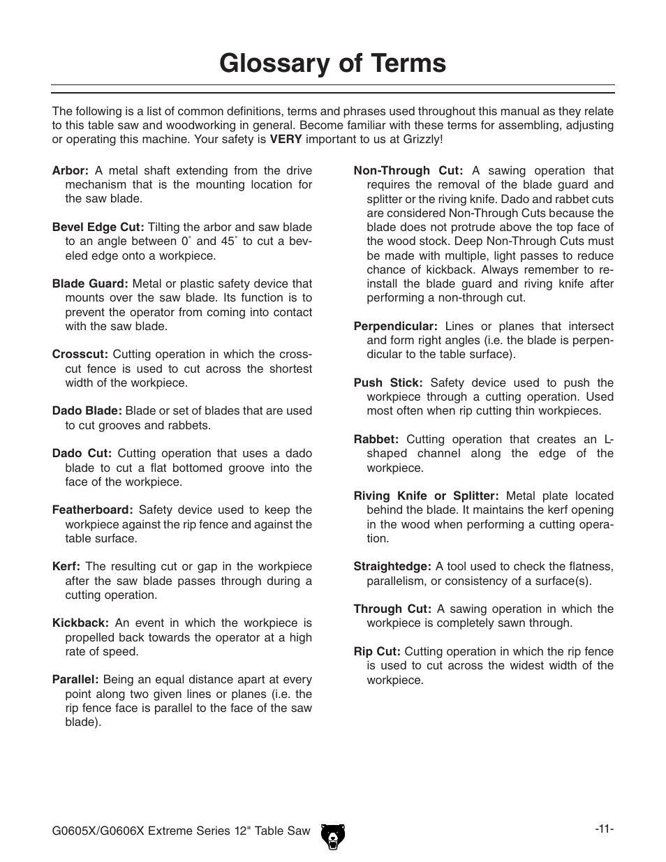 Glossary of terms | Grizzly G0605X User Manual | Page 13 / 76