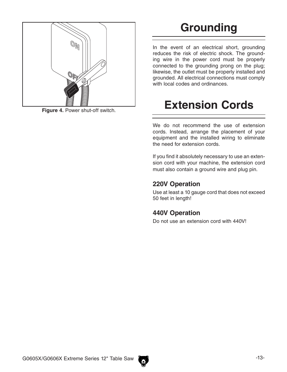 Grounding, Extension cords | Grizzly G0605X User Manual | Page 15 / 76
