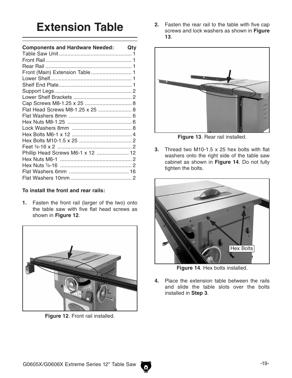 Extension table | Grizzly G0605X User Manual | Page 21 / 76